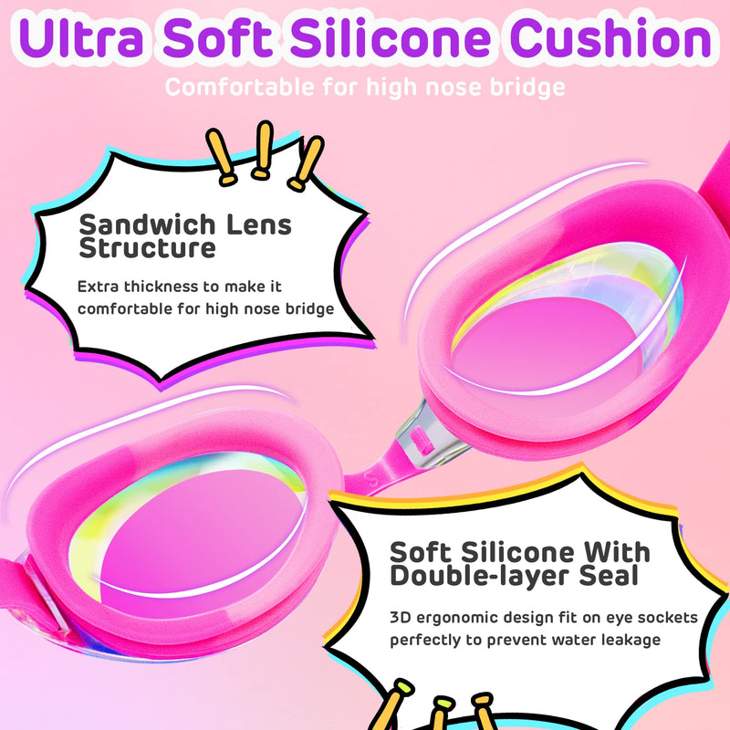 Vvinca Swimming Goggles 2 Pack Swim Goggles with 3 Nose Piece, Anti-Fog Anti-UV Silicone Pool Goggles Adult Women Men Youth C-2 Packs Mirrored Pink & Purple - BeesActive Australia