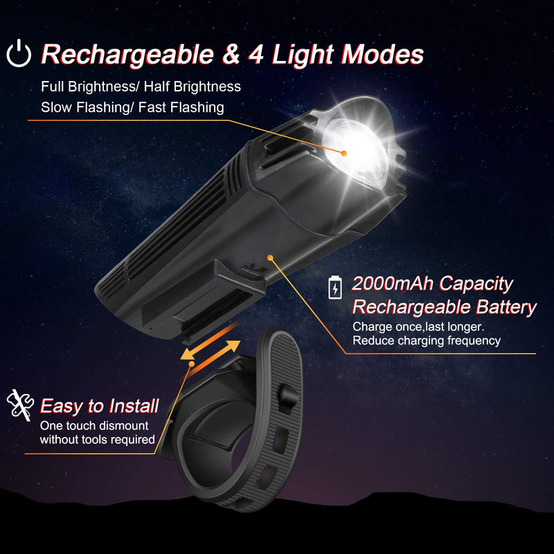 Ascher Ultra Bright USB Rechargeable Bike Light Set, Powerful Bicycle Front Headlight and Back Taillight, 4 Light Modes, Easy to Install for Men Women Kids Road Mountain Cycling Black - BeesActive Australia