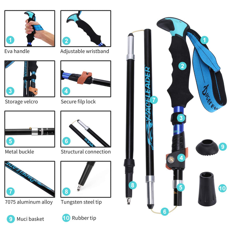 Aneagle Paceleader Trekking Poles Collapsible - 2pc Pack Adjustable Hiking Poles Strong Lightweight Aluminum 7075 Folding Walking Sticks Quick Flip-Lock with Eva Handles and Padded Strap for Hiking Blue - BeesActive Australia