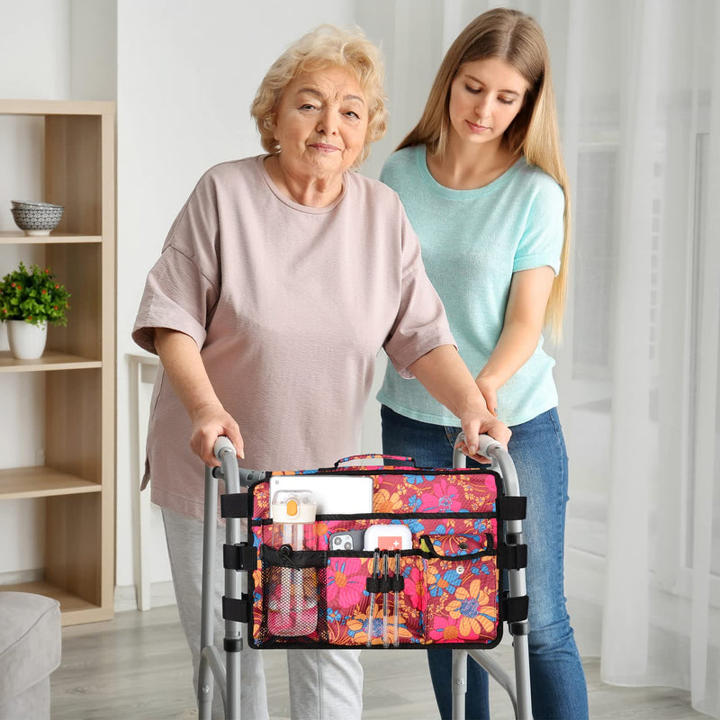 supregear Double Side Walking Frame Bag, Walker Basket with 9 Pockets and Large Compartment for Walker Rollator Wheelchair, Water Resistant Walker Organizer Pouch with Handle and Cup Holder (Floral) Floral - BeesActive Australia