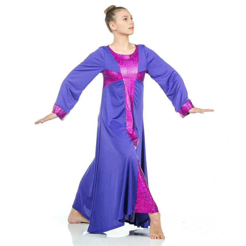 [AUSTRALIA] - Danzcue Praise Cross Long Sleeve Dress, Deep Purple-Metallic Deep Purple, L-XL-Adult 