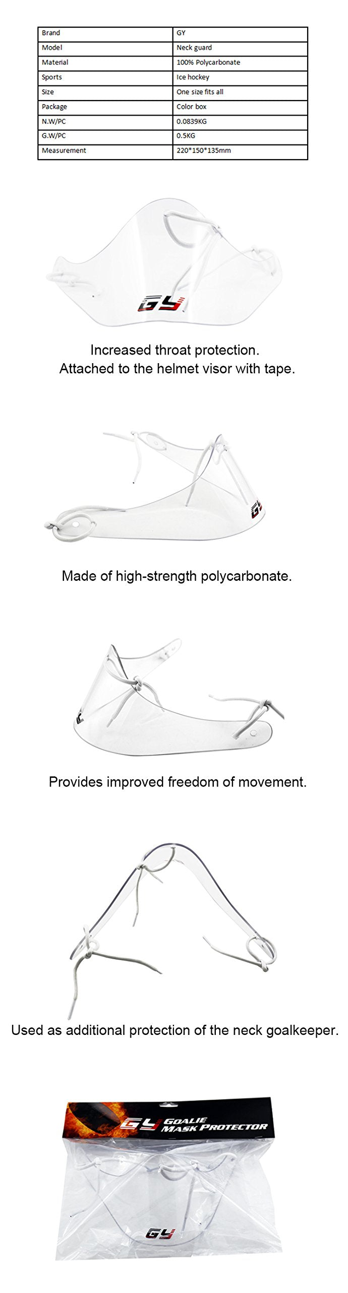 [AUSTRALIA] - GY Polycarbonate Flexibility and Tough Ice Hockey Goalie Neck Guard Goalkeeper Neck Protector Classical Clear Size Free 