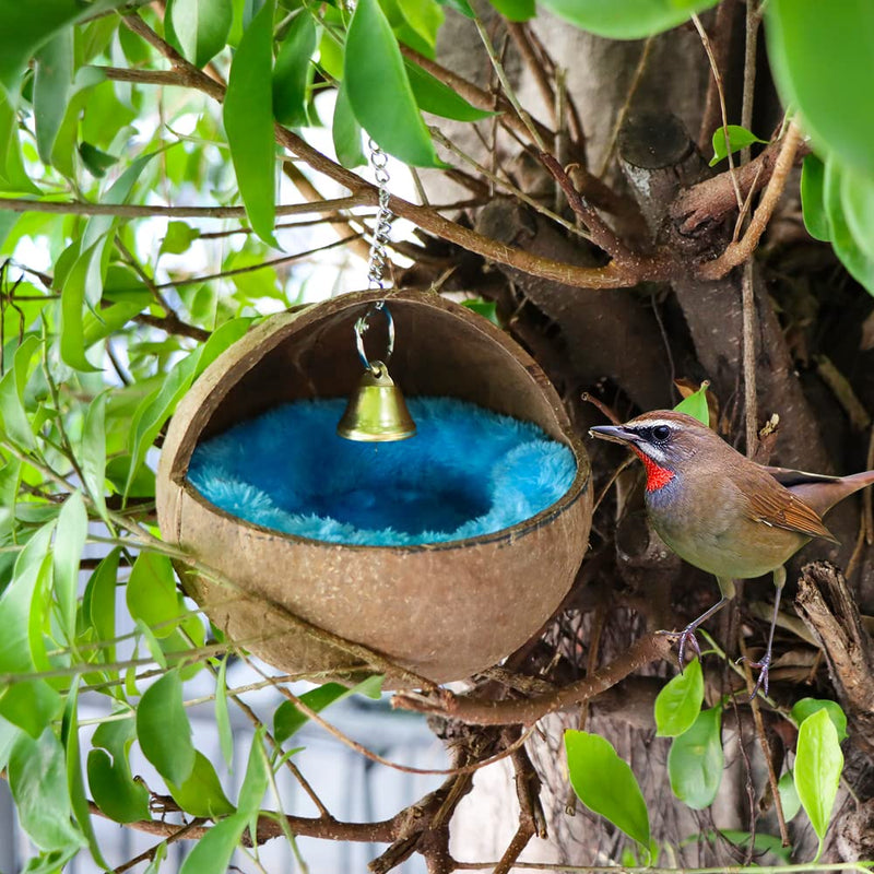 VTurboWay 2 Pcs Natural Coconut Shell Bird Nest House Bed Breeding Nesting Anti-Pecking Bite with Warm Pad and Bell for Bird Parrot Budgie Parakeet Cockatiel Conure Lovebird Canary Finch - BeesActive Australia