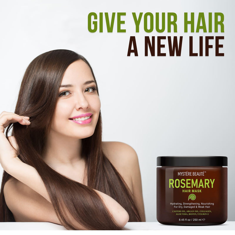 MYSTÉRE BEAUTÉ Rosemary Hair Mask for Dry Damaged Hair with Collagen, Biotin, Argan Oil- Strengthening Hair Masque for Split Ends, Hair Loss and Breakage- 8.45 fl oz - BeesActive Australia