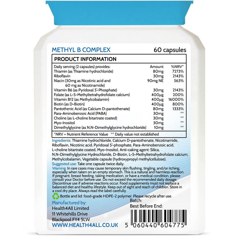 Methyl B Complex 60 Capsules (V) (not Tablets) with Methylcobalamin, Methyl Folate, P5P, Choline, Myo-Inositol, DMG and PABA for Stress Support, Energy and methylation. Made in UK by Health4All 60 Count (Pack of 1) - BeesActive Australia