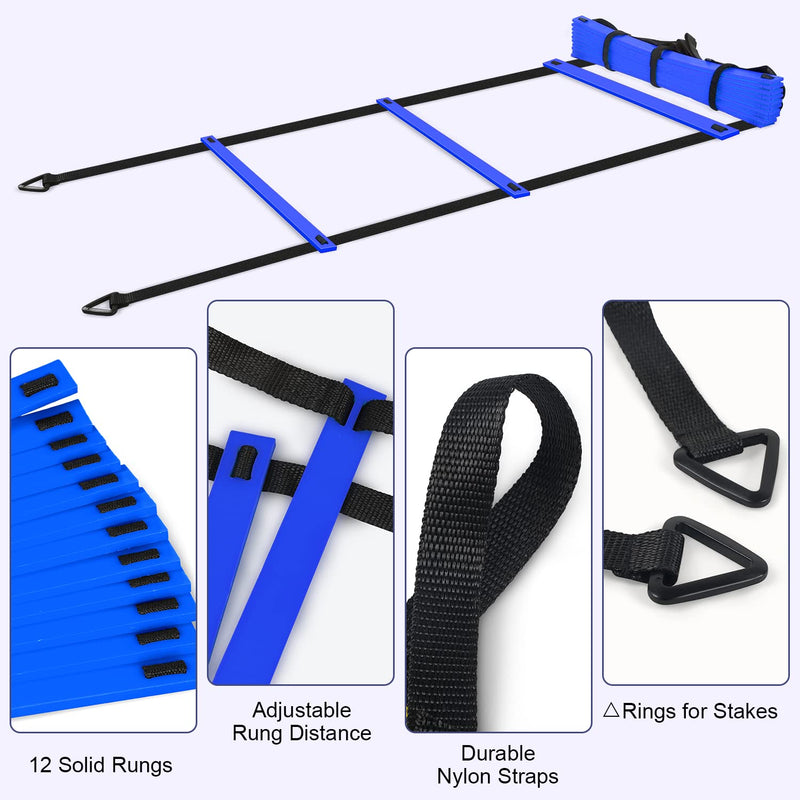 DIKAKO Agility Ladder - 20ft 12 Rung Agility Ladder Speed Training Equipment, Kids and Adult Speed Ladder for Football, Basketball, Fitness Training - Included Carry Bag and 4 Steel Stakes Blue - BeesActive Australia