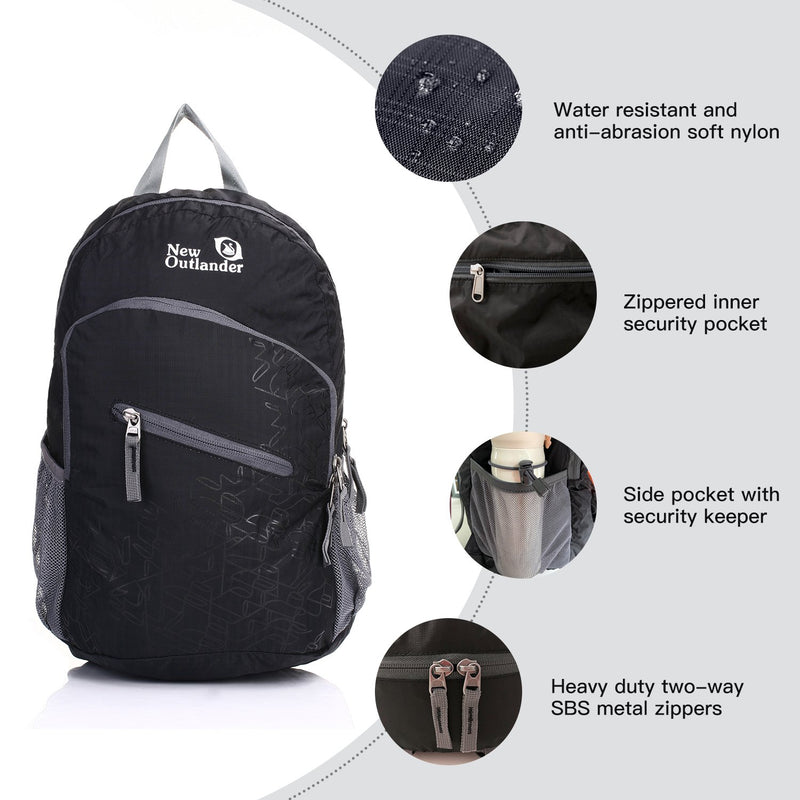 Outlander Ultra Lightweight Packable Water Resistant Travel Hiking Backpack Daypack Handy Foldable Camping Outdoor Backpack Black 20L - BeesActive Australia