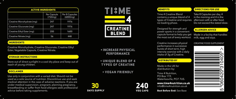 Time 4 Creatine Blend - 240 Creatine Capsules Not Creatine Tablets, 30 Day Supply, Unique Blend Of 4 Types Of Creatine, 6000mg Per Daily Serving Improve Muscle Strength Vegan Friendly & Gluten Free - BeesActive Australia