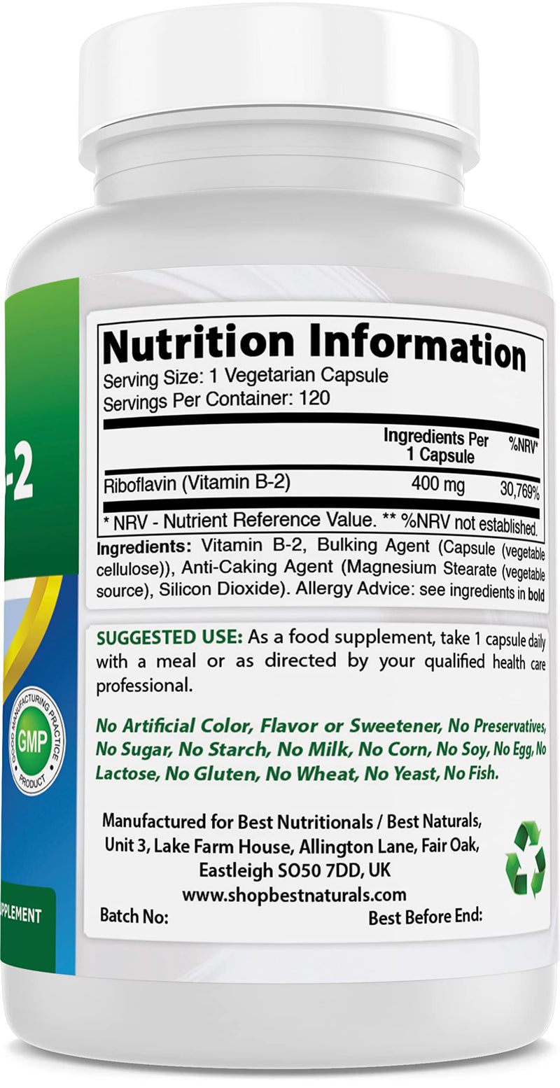 Best Naturals Vitamin B2 (Riboflavin) 400mg - Veggie Capsules - Conezyme Precursor - 120 Count (120 Count (Pack of 2)) 120 Count (Pack of 1) - BeesActive Australia