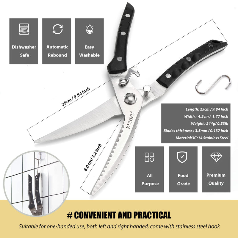 KUNIFU All Purpose Poultry Shears, Full Tang Heavy Duty Blades Kitchen Scissors, Dishwasher Safe and Stainless Cooking Cutter for Food, Chicken, Turkey, Meat, Beef, Bone, Veg, Fish, Herbs, BBQ Black - BeesActive Australia