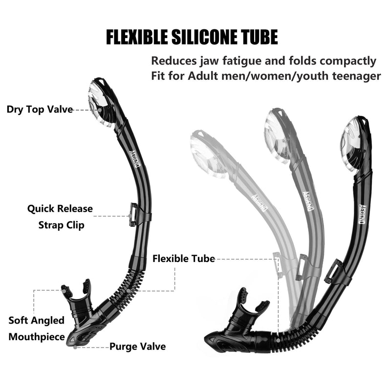 [AUSTRALIA] - Aegend Dry Snorkel, Dive Mask Easy-Breath Free Diving Snorkel for Snorkeling Scuba Diving Freediving Swimming, with Top Dry Valve and Food-Grade Silicone Mouthpiece for Adult Youth Black 