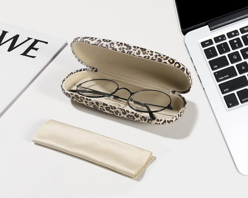 MoKo Hard Shell Eye Glasses Case with Cloth, PU Leather Protective Eyeglasses Cases Storage Organizer Travel for Men Women Leopard - BeesActive Australia