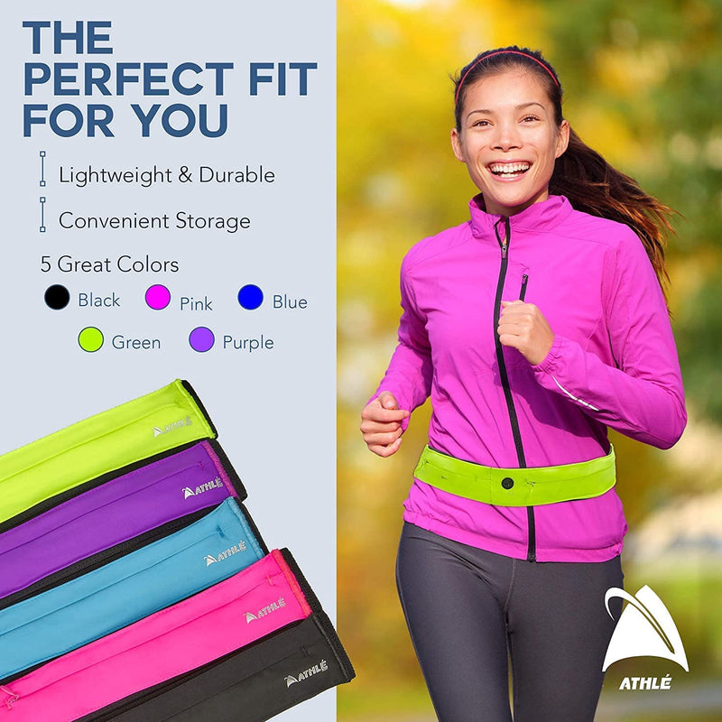 Athlé Running Belt for Exercise and Travel - Two Stretch Pockets Fit Most Phones, Wallet, Cards and More - Key Clip, Earphone Jack, Adjustable Waist Strap Medium - 25" - 32" Black - BeesActive Australia