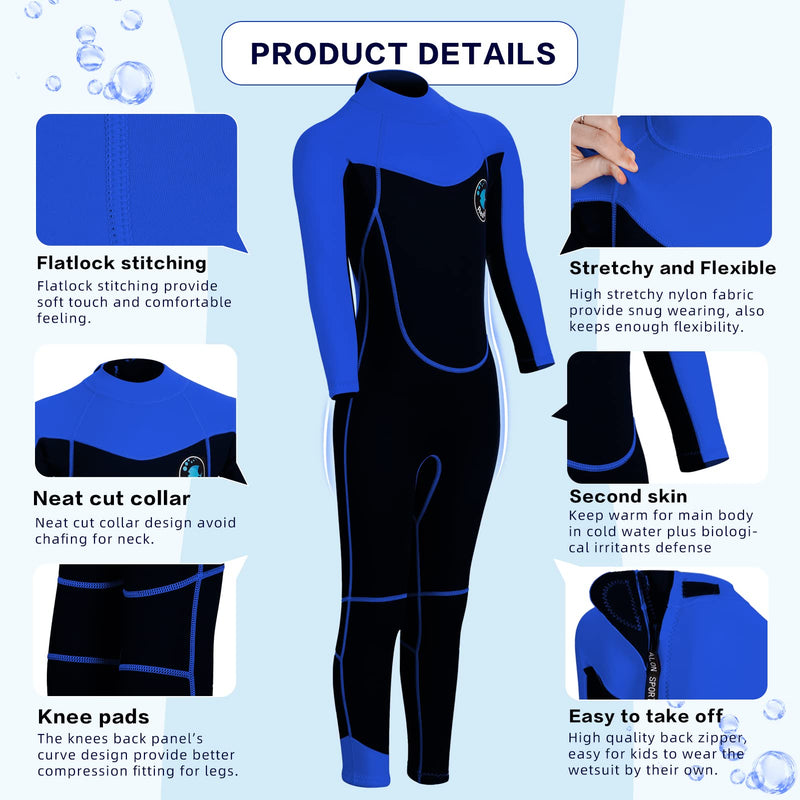 REALON Wetsuit Kids for Boys/Girls Full/Shorty Baby One Piece Wet Suit 2mm Neoprene 3t to 12t Toddler/Infant Swimsuit for Surfing Snorkeling Swimming 2mm blue full 2X-Small - BeesActive Australia