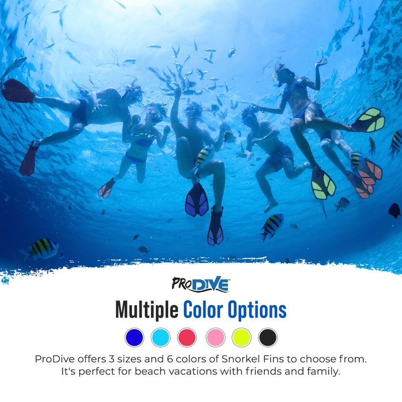 PRODIVE Snorkel and Swim Fins  Adjustable Open-Heel, Short-Blade Snorkeling and Diving Flippers Add Efficiency to Swimming and Diving  Sizes to Fit Men, Women and Kids  Compact and Great for Travel Aqua X-Small - BeesActive Australia