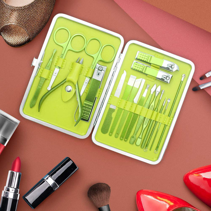 Glamne Manicure Pedicure Set Professional Nail Care Grooming Kitwith Travel Case 18pcs (Shining Green) Shining Green - BeesActive Australia