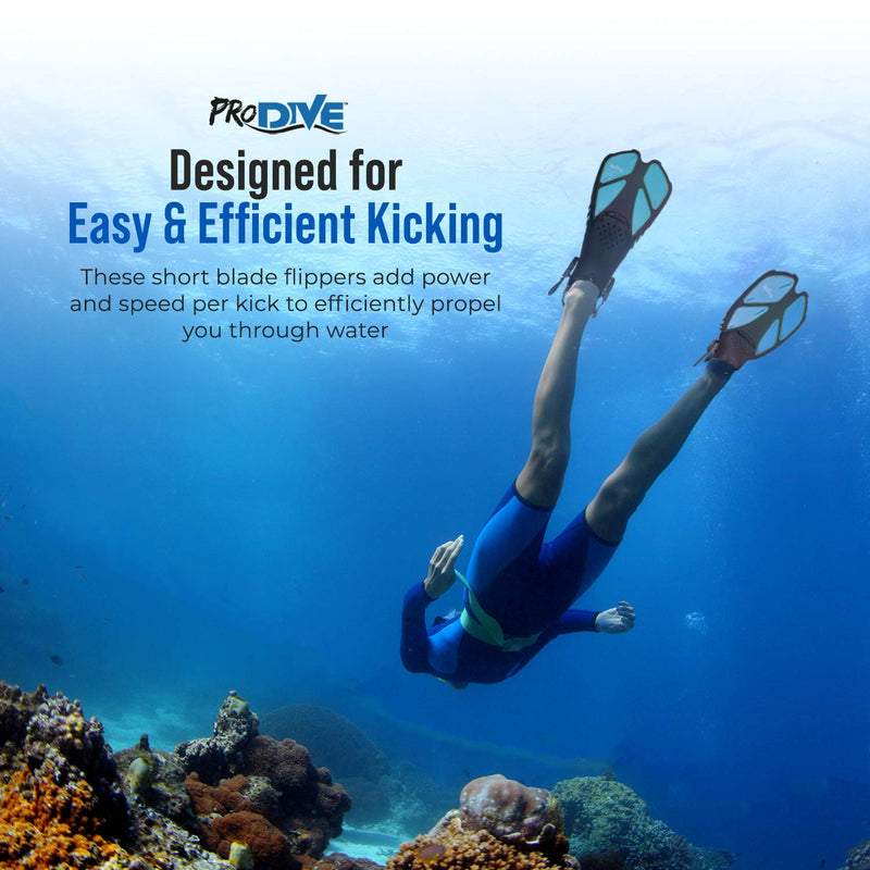 PRODIVE Snorkel and Swim Fins  Adjustable Open-Heel, Short-Blade Snorkeling and Diving Flippers Add Efficiency to Swimming and Diving  Sizes to Fit Men, Women and Kids  Compact and Great for Travel Aqua X-Small - BeesActive Australia