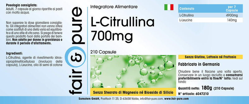 Fair & Pure® - L-Citrulline Capsules - 700mg - Vegan - 210 Capsules - BeesActive Australia
