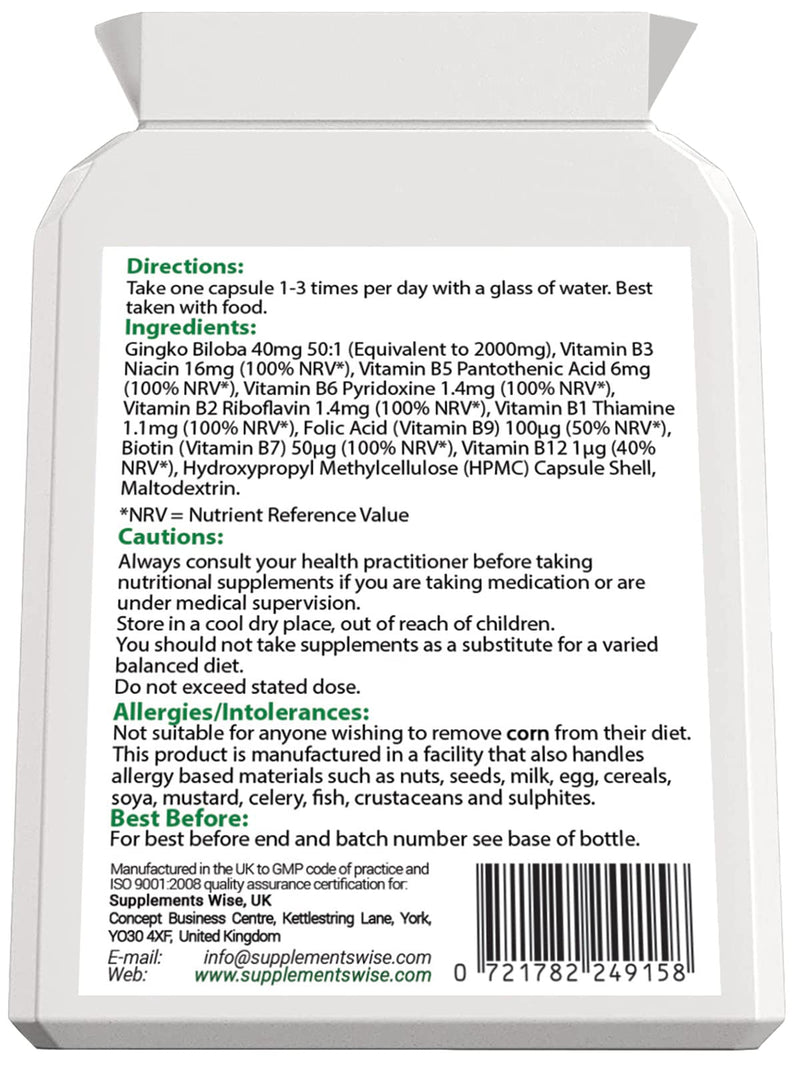 Ginkgo Biloba Capsules 90 x 2000mg - Dizziness and Vertigo Treatment - Focus Tablets, Concentration Pills for Brain, Memory - Blood Circulation -Ginkgo Biloba Herbal Supplements with Vitamin B Complex - BeesActive Australia