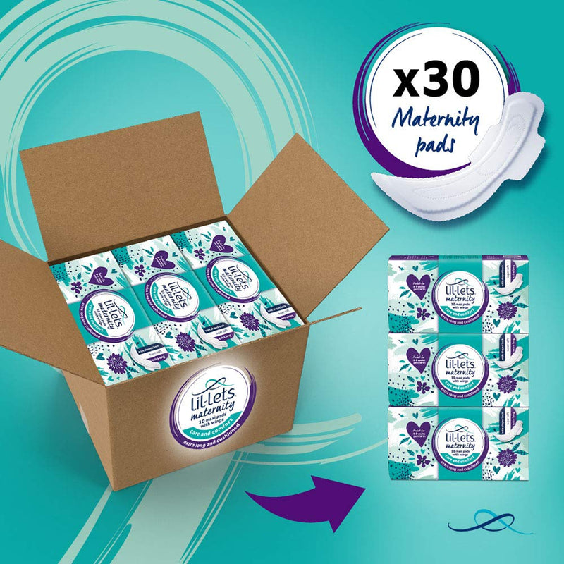 Lil-Lets Maternity Pads, Extra Long Maxi Thick Towels X 30, With Wings, 3 Packs of 10 Pads, Postpartum / After Birth Essential, Super Absorbent for Heavy Flow, Contoured Shape, Fragrance Free Maternity Maxi Pads - BeesActive Australia