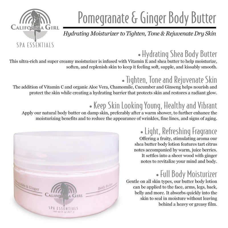 California Girl Spa Essentials Body Butter Lotion for Women, 8 oz. Natural Vitamin E and Pomegranate Hydrating Cream Shea Moisturizer to Tighten, Tone, and Rejuvenate Dry Skin 8 Ounce - BeesActive Australia