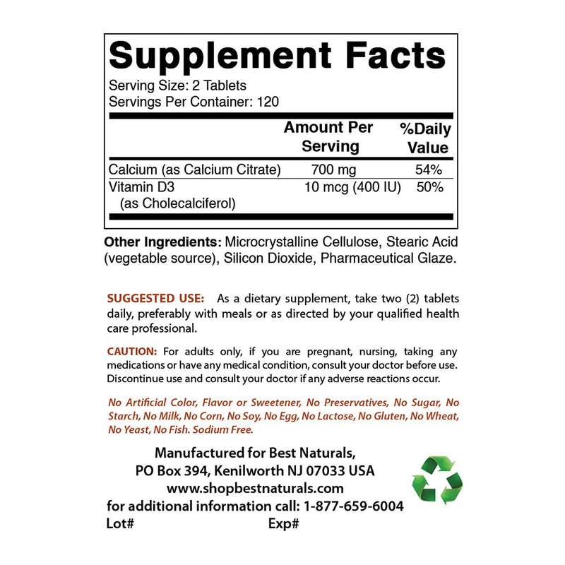 Best Naturals Calcium Citrate with Vitamin D-3 240 Tablets (240 Count (Pack of 1)) 240 Count (Pack of 1) - BeesActive Australia
