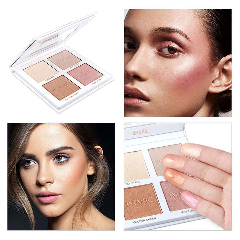 FANICEA 4 Colors Highlighter Palette with Brush Professional Waterproof Long Lasting Highly Pigmented Shimmer Natural Contour Highlight Face Pressed Powder Makeup Kit for Women Girls - BeesActive Australia