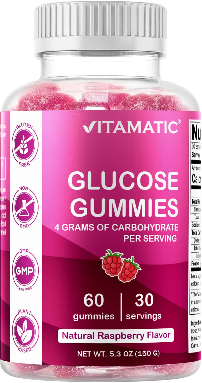 Vitamatic Glucose Chweble Gummies - 60 Count - Natural Raspberry Flavor - 4G of Carbohydrate per Serving - BeesActive Australia