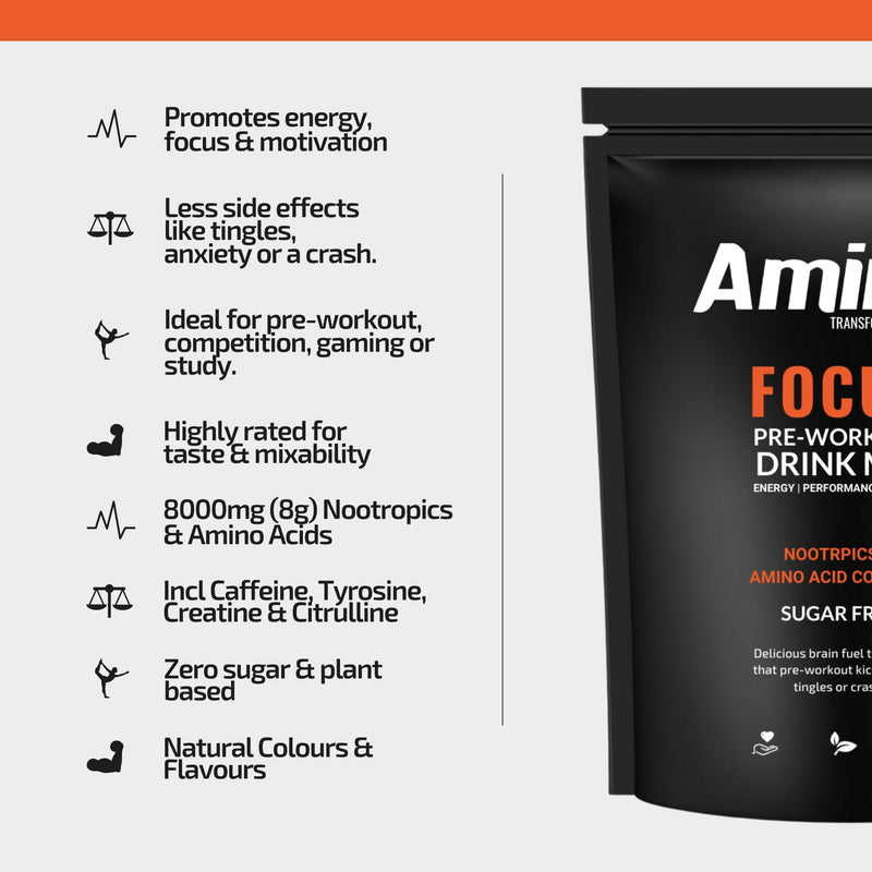 Amino Focus - Pre Workout Powder - 8000mg Nootropics with Caffeine, Creatine & Amino Acids - Preworkout Drink Men & Women - Sugar Free & Suitable for Vegans (Red Berry, 22 Servings) Red Berry - BeesActive Australia