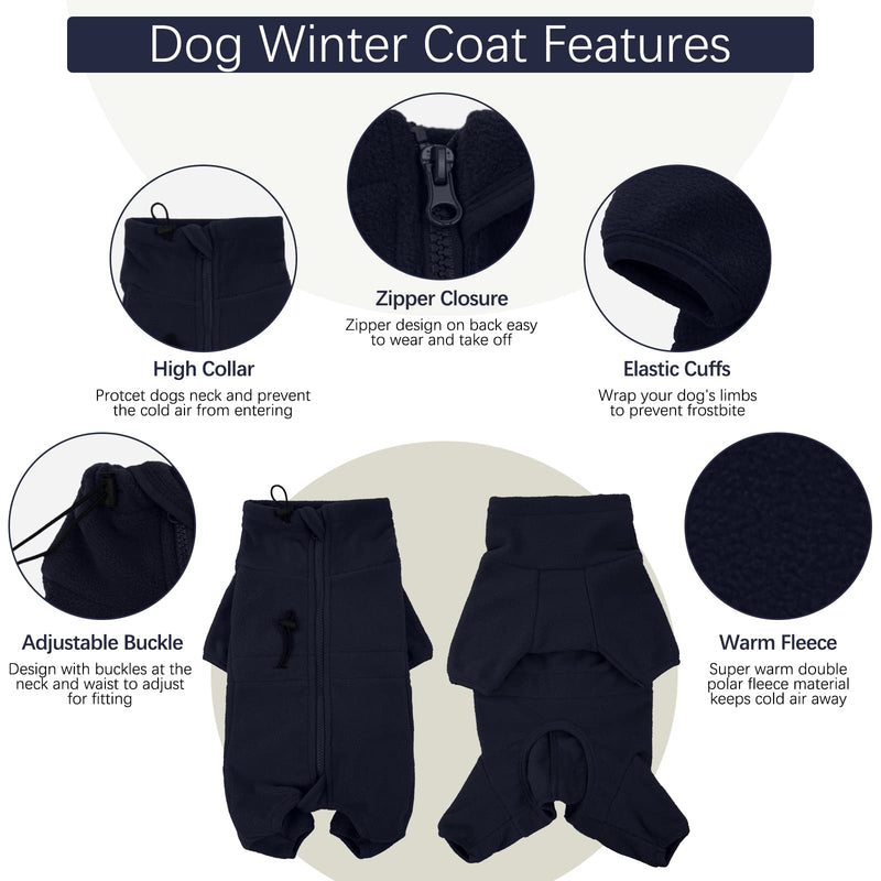 ROZKITCH Dog Winter Coat Soft Fleece Pullover Pajamas, Pet Windproof Warm Cold Weather Jacket Vest Cozy Onesie Jumpsuit Apparel Outfit Clothes for Small, Medium, Large Dogs Walking Hiking Travel Sleep S:Chest Girth-21.2in Dark Blue - BeesActive Australia