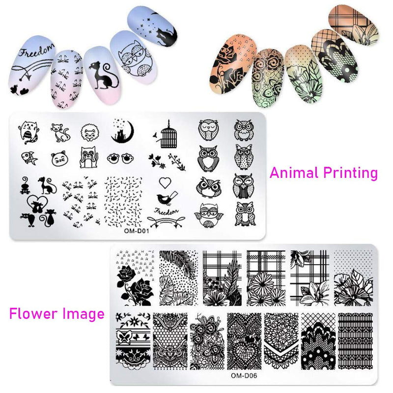 Nail Stamping Plate Kit, 5pc Flower Animal Heart Bird Owl Image Nail Art Stamping Plate Template AB Crystal Nail Rhinestone Glitter with Clear Nail Stamper & Scraper (Mixed Design) Mixed Design - BeesActive Australia