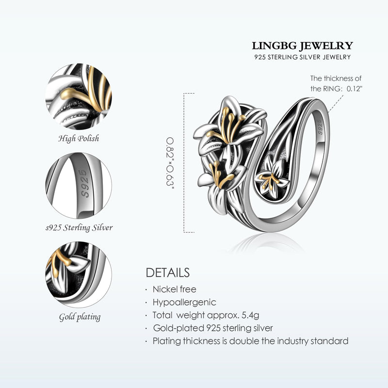 LINGBG JEWELRY Spoon Rings 925 Sterling Silver Rings Bee Sunflower Spoon Ring Sun Moon Star Daisy Celtic Knot Scarab Adjustable Spoon Open Ring Jewelry Gifts for Women 6# Lilies Spoon Rings - BeesActive Australia