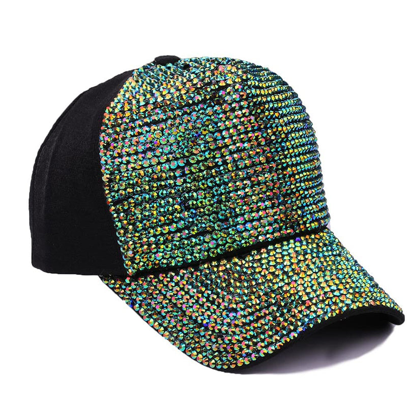 Gudessly Women Studded Rhinestone Crystals Adjustable Baseball Cap Plain Sparkle Bling Denim Sun Hat Green Black Cap - BeesActive Australia