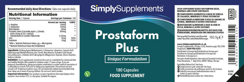 Prostaform Capsules with Pumpkin Seed Extract, L-Glutamine & L-Arginine HCL | Vegan & Vegetarian Friendly | 180 Capsules | Manufactured in The UK - BeesActive Australia