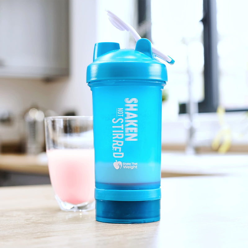 Shake That Weight 450ml Protein Shaker - Blue - With Storage Attachment For Protein and Diet Shake Powder, Wire Ball Mixer, Bag Attachment Loop - BeesActive Australia