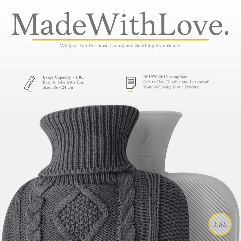 Hot Water Bottle with Cover - Premium Soft Knitted Cover - 1.8l Large Capacity - Hot Water Bag for Pain Relief, Neck and Shoulders, Back & Cosy Nights - Great Gift for Women (Dark Grey) Dark Grey - BeesActive Australia