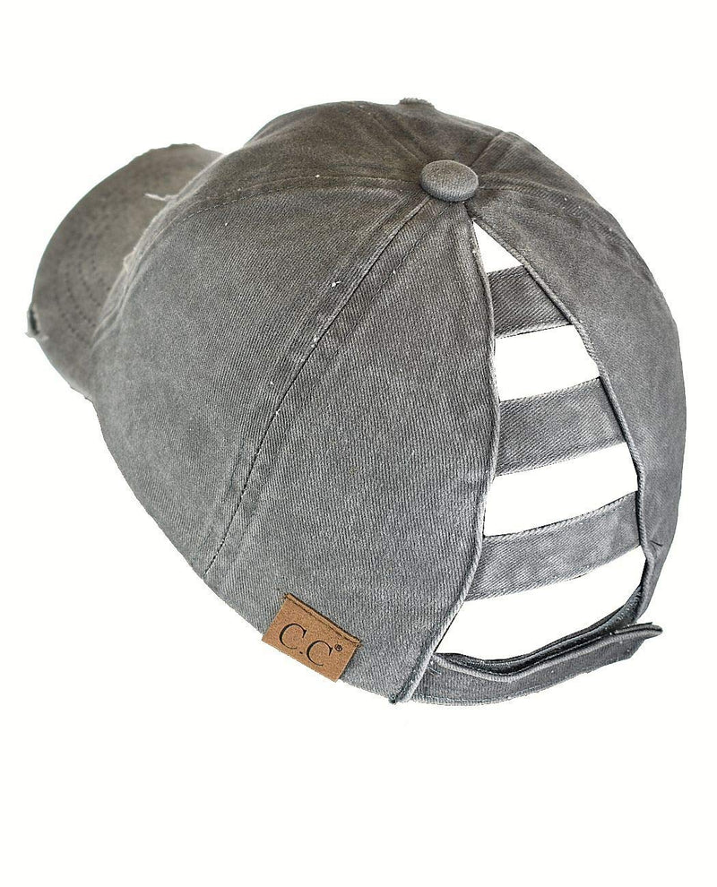 C.C Ladder Style Ponycap Adjustable Ponytail Distressed Washed Denim Baseball Cap Gray - BeesActive Australia