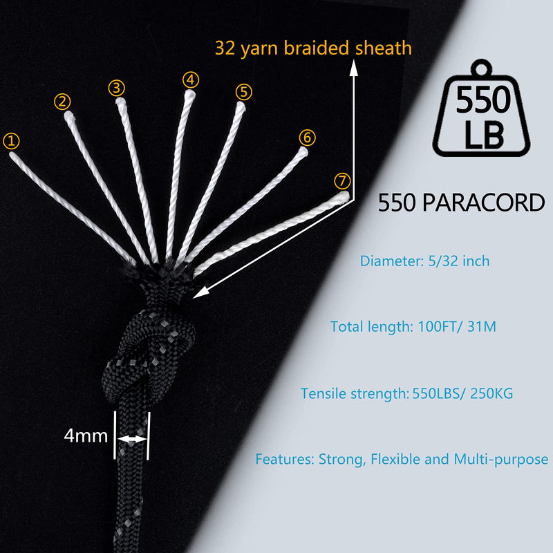 WEREWOLVES Reflective 550 Paracord - 100% Nylon, Rope Roller, 7 Strand Utility Parachute Cord for Camping Tent, Outdoor Packaging (Reflective Black, 1.8mm 100Feet) Reflective Black 1.8mm - 3 strand - 100FT - BeesActive Australia