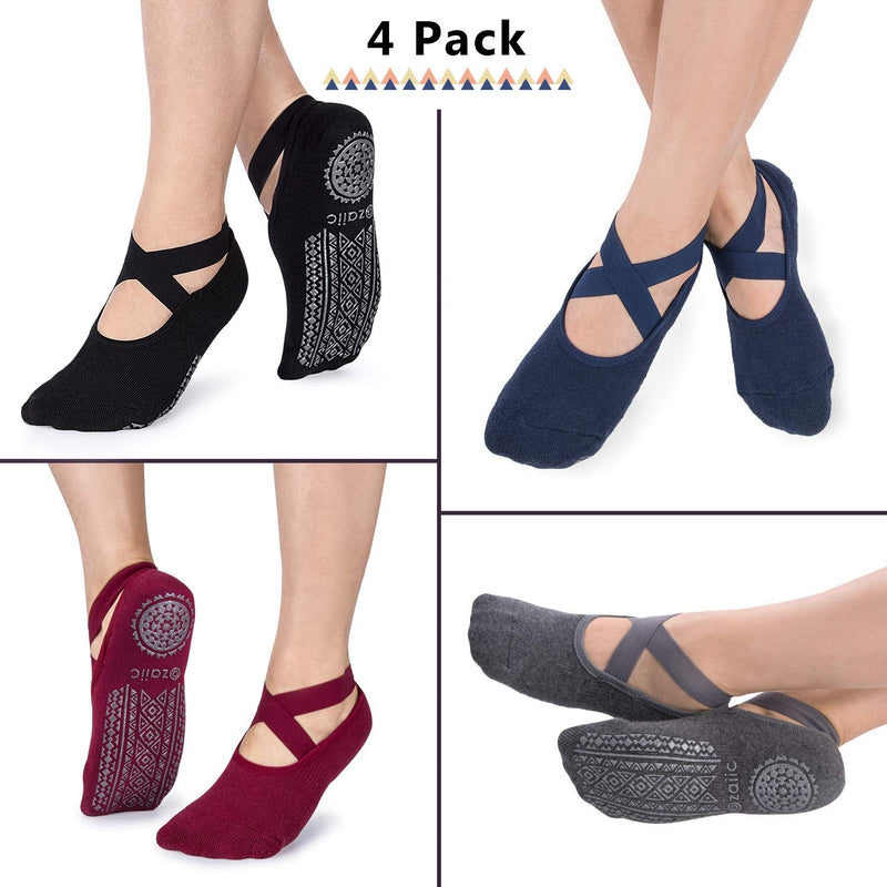 Ozaiic Non Slip Socks for Yoga Pilates Barre Fitness Hospital Socks for Women 4 Pairs - Black/Navy/D.gray/ Burgundy - BeesActive Australia