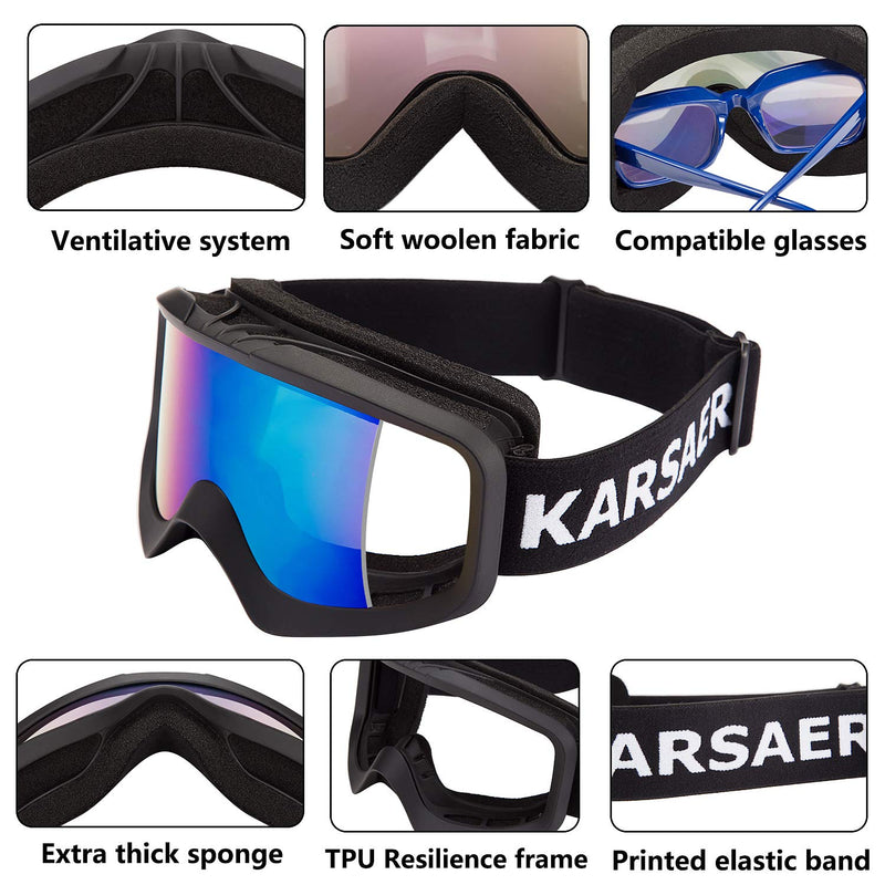 Karsaer Ski Goggles Anti-Fog Snow Goggles OTG 100% UV Protection Snowboard Goggles Bendable Dual-Lenses for Men Women Youth Matte Black Frame Green Mirrored Lens Vlt 18% - BeesActive Australia