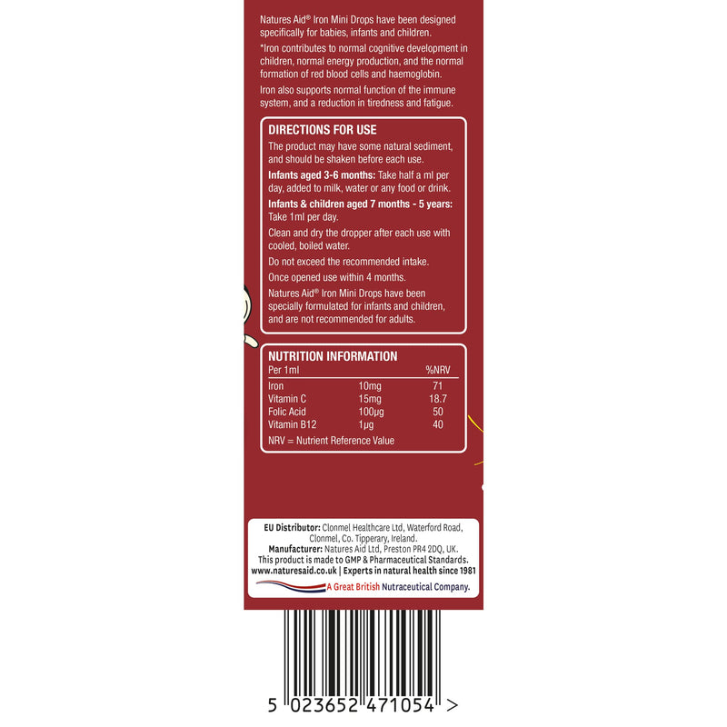 Natures Aid Iron Mini Drops for Infants and Children, Cognitive Development, Sugar Free, 50 ml Single - BeesActive Australia