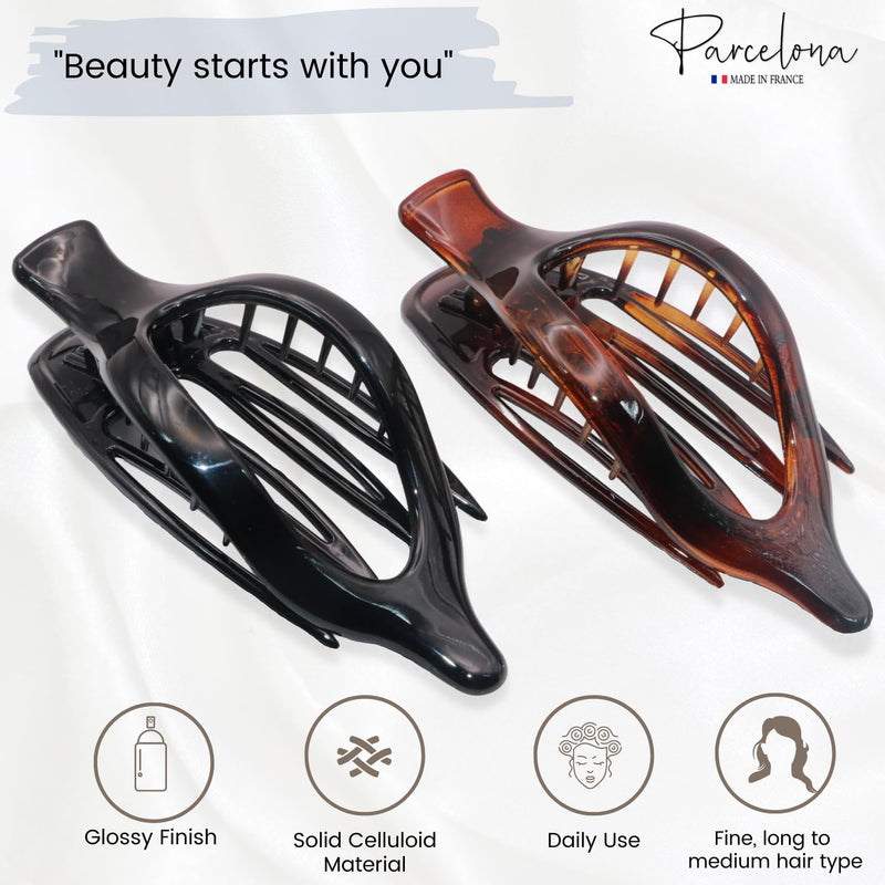 Parcelona French 2 Pieces Wide Beak Celluloid Tortoise Shell and Black Side Slide In Jaw Hair Claw Clip Clamp Clutcher - BeesActive Australia