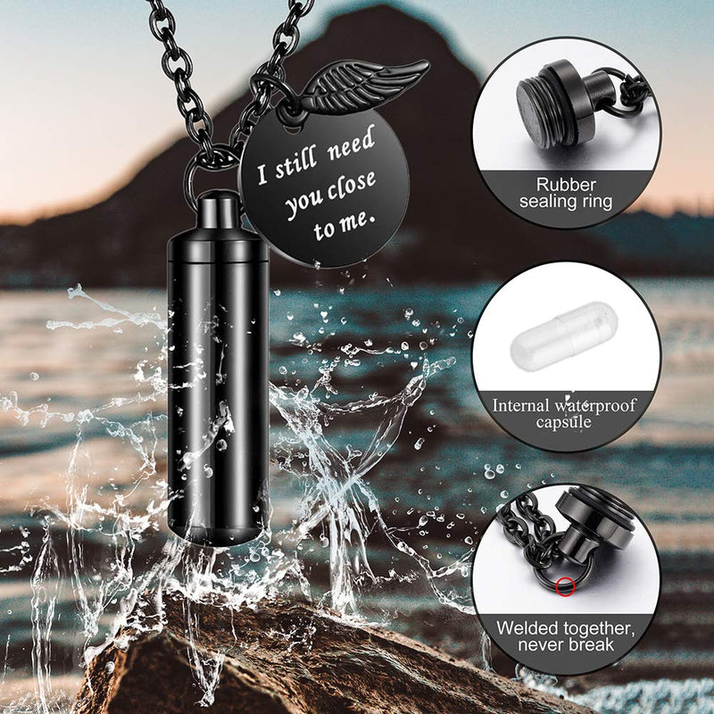 Cylinder Cremation Jewelry Urn Necklace for Ashes Memorial Ashes Necklace with Angel Wing Charm Memorial Keepsake for Pet Human-I Still Need You Close to Me Black-M non-engraving - BeesActive Australia
