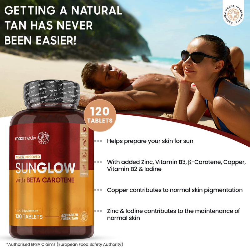 Sunglow Tanning Tablets - 120 Vegan Tablets (2 Months Supply) - with Beta Carotene, Vitamin B3, Zinc, Copper, Vitamin B2 & Iodine - Natural & Safe Tanning Process - Gluten & GMO-Free - Britain Made - BeesActive Australia
