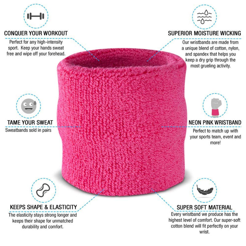 Suddora Wrist Sweatbands Also Available in Neon Colors - Athletic Cotton Terry Cloth Wristband for Sports (Pair) (Neon Pink) - BeesActive Australia