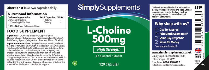Choline Bitartrate Capsules | Super Strength 500mg Formula Supplement | 120 Capsules = 2 Month Supply | Vegan & Vegetarian Safe - BeesActive Australia