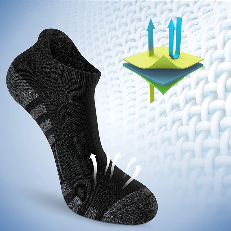 Airacker Ankle Athletic Running Socks Cushioned Breathable Low Cut Sports Tab Socks for Men and Women (6 Pairs) 9-12 Black - BeesActive Australia