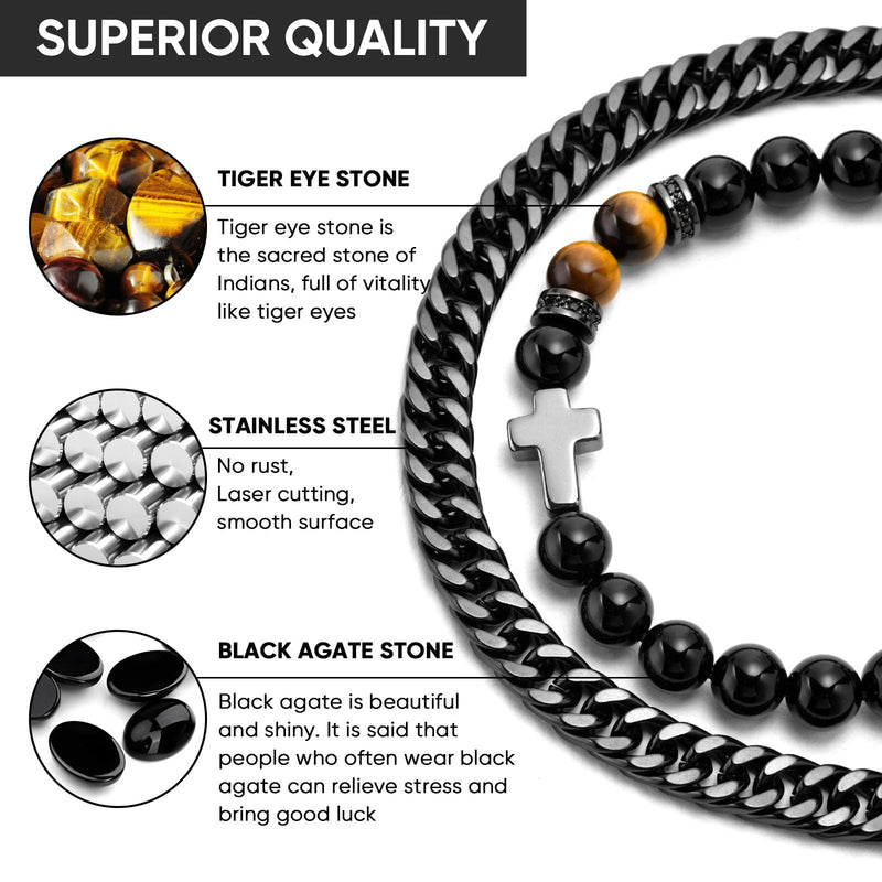 MEALGUET 2 pcs Men's Stainless Steel Bracelets : Black Gemstone Tiger Eye and Agate Cross Beaded Bracelet and Stainless Steel Chain Matching Bracelets Set for Men or Women,Men's Jewelry Gift 8.4"black chain+cross bead bracelet - BeesActive Australia