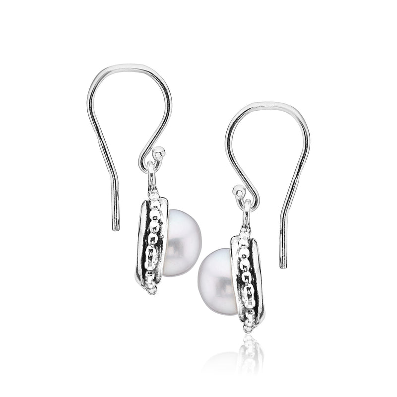 925 Sterling Silver Dangle Drop Earrings w/Freshwater Pearl Nested in Beaded Bezel Antique Finish, Stylish, Hypoallergenic, Nickel & Lead-free, June Birthstone, French Wire Back, Made In Israel - BeesActive Australia