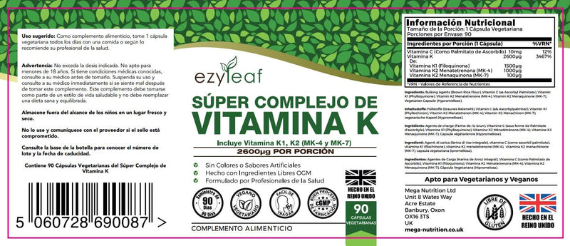 Ezyleaf Vitamin K Super Complex | Vitamin K2 MK7 - Vitamin K2 MK4 - Vitamin K1 | 2600�g per Capsule | 90 Vitamin K2 MK-7 Vegan Capsules | Non-GMO, Allergen Free Formula with Vitamin C | Made in the UK - BeesActive Australia